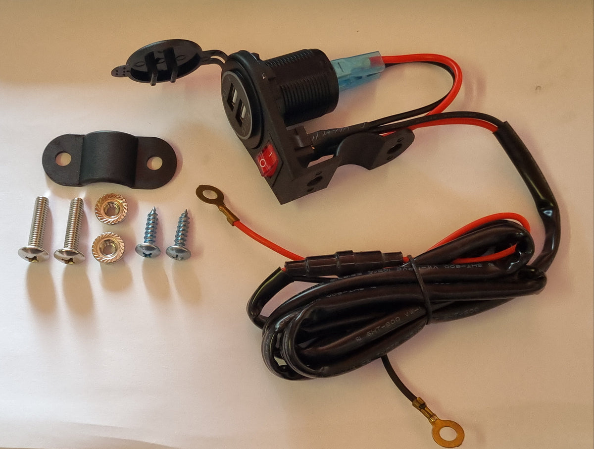 Motorcycle Handlebar Dual USB Charger with Kill Switch & Wiring Harness