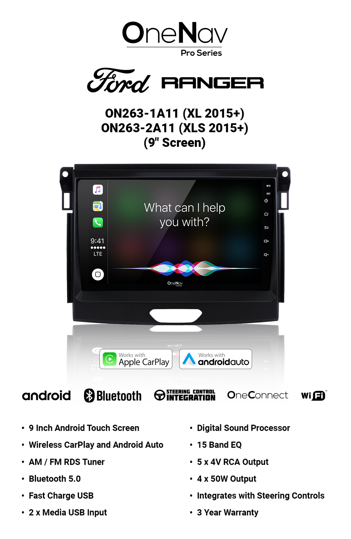 OneNav Pro for Ford Ranger XLS 2015+ 9 Inch + Free Reverse Camera