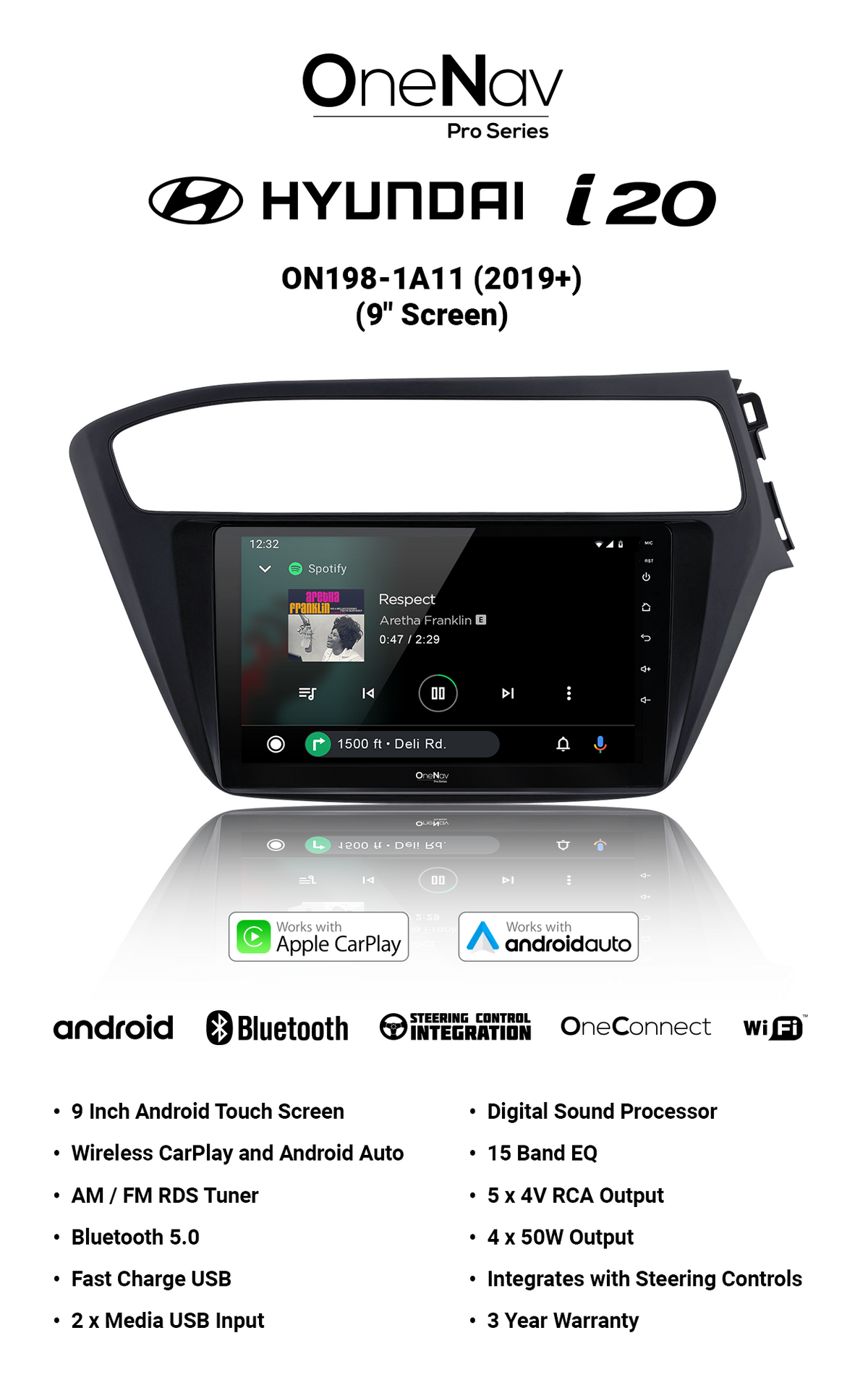 OneNav Pro for Hyundai i20 2019+ 9 Inch + Free Reverse Camera