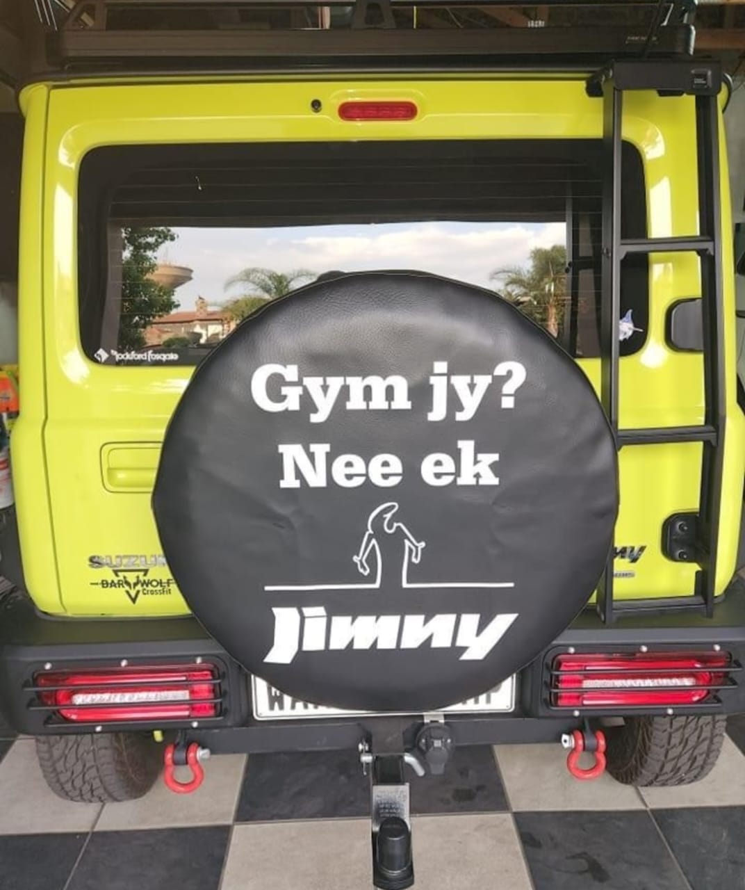 Tougher Spare Wheel Cover (tyre size- 195/80/R15) compatible- "Gym jy? Nee ek Jimny" LOGO