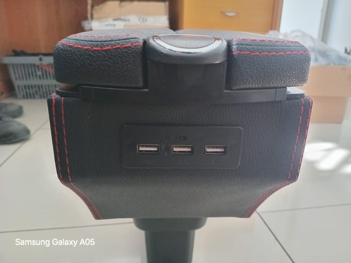 Suzuki Jimny Generation 4 2019+ Centre Console Armrest with 3 USB Adapters Black leather with red stitching