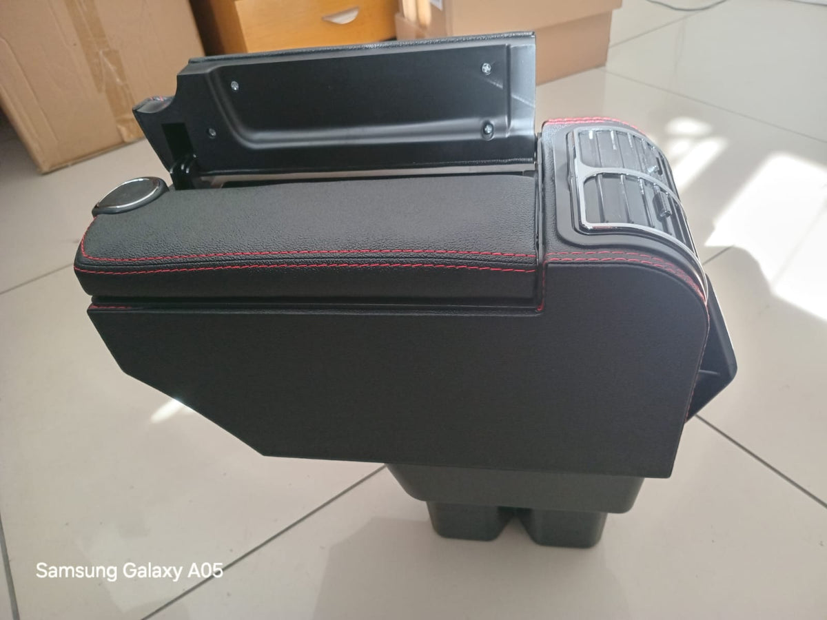 Suzuki Jimny Generation 4 2019+ Centre Console Armrest with 3 USB Adapters Black leather with red stitching