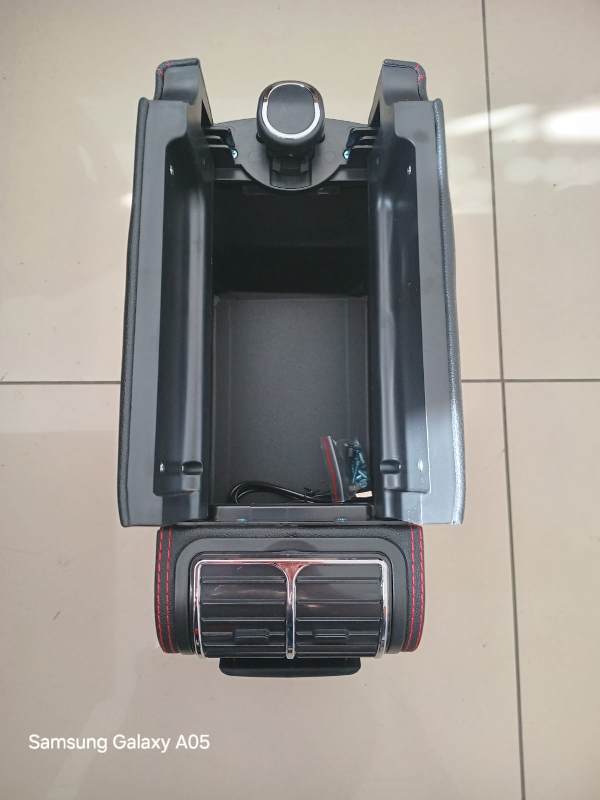 Suzuki Jimny Generation 4 2019+ Centre Console Armrest with 3 USB Adapters Black leather with red stitching