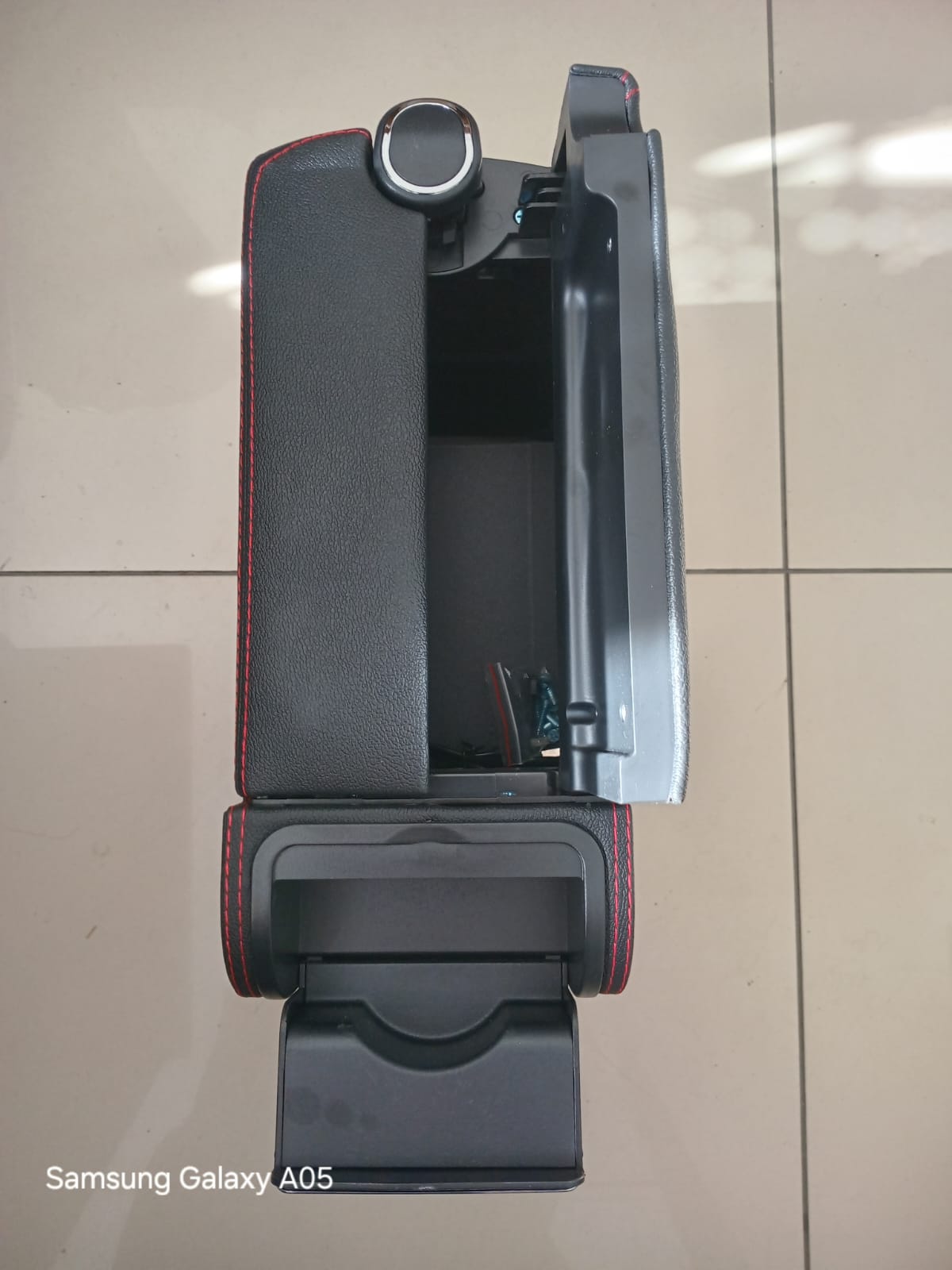 Suzuki Jimny Generation 4 2019+ Centre Console Armrest with 3 USB Adapters Black leather with red stitching