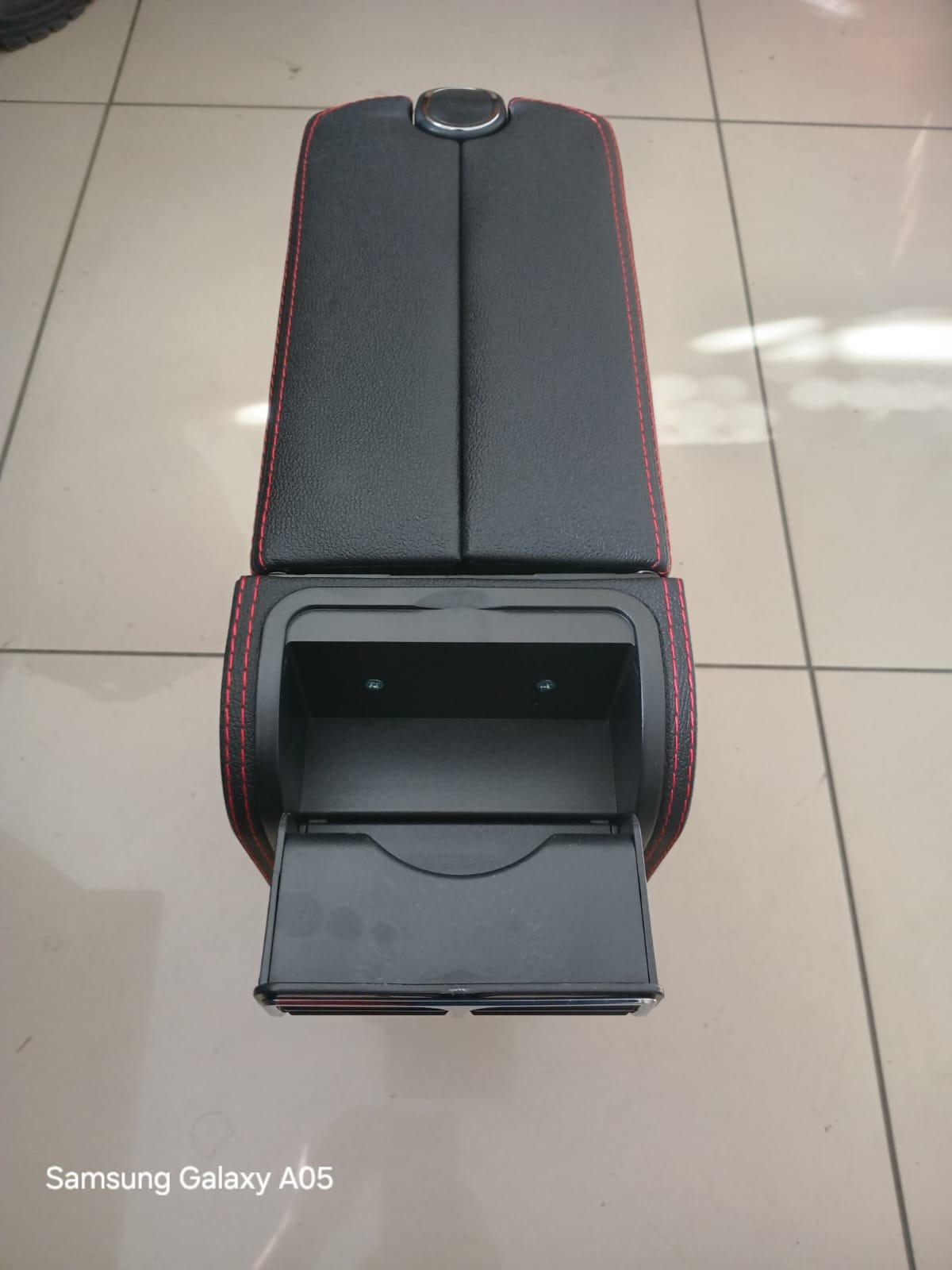 Suzuki Jimny Generation 4 2019+ Centre Console Armrest with 3 USB Adapters Black leather with red stitching