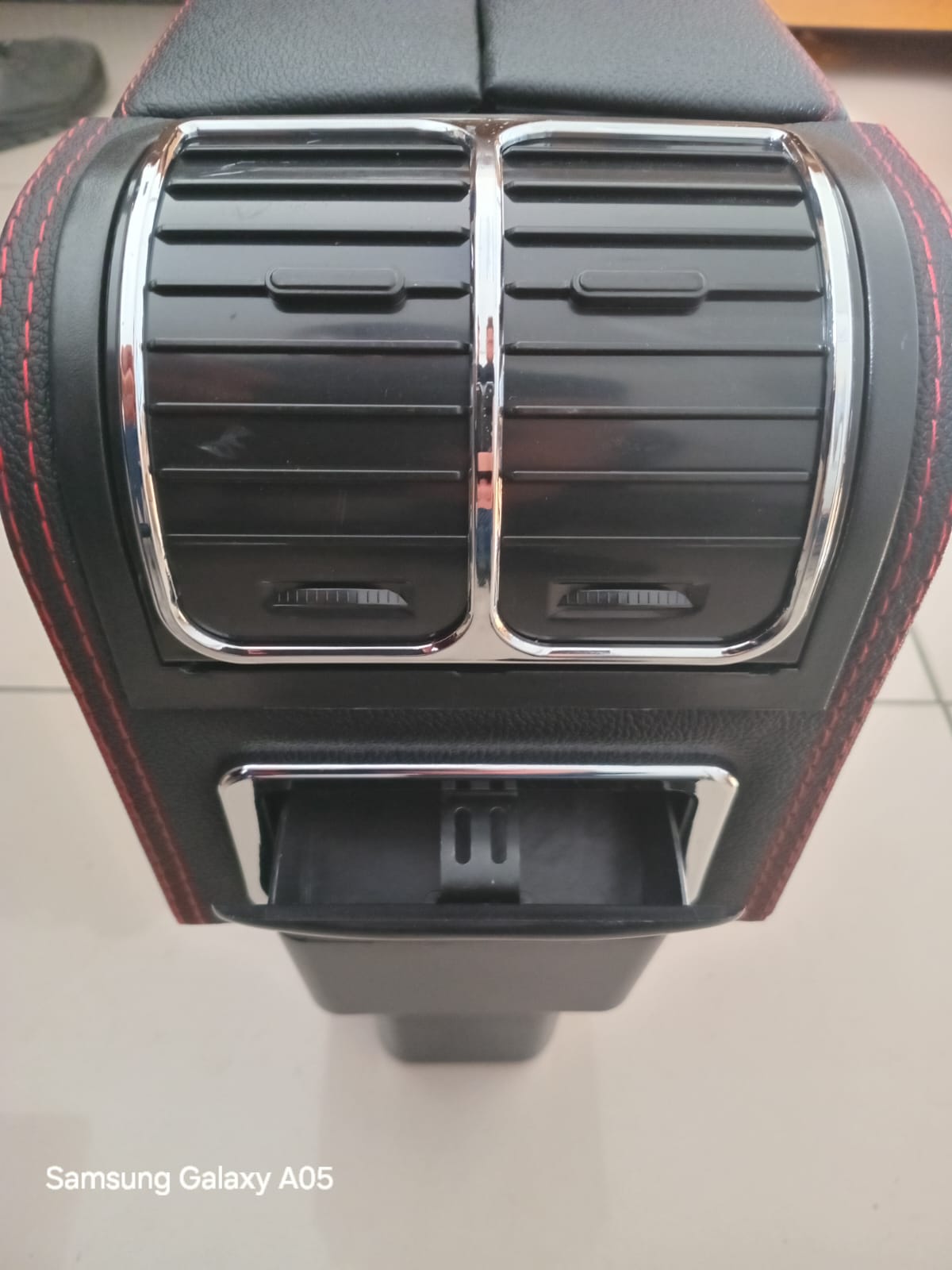 Suzuki Jimny Generation 4 2019+ Centre Console Armrest with 3 USB Adapters Black leather with red stitching