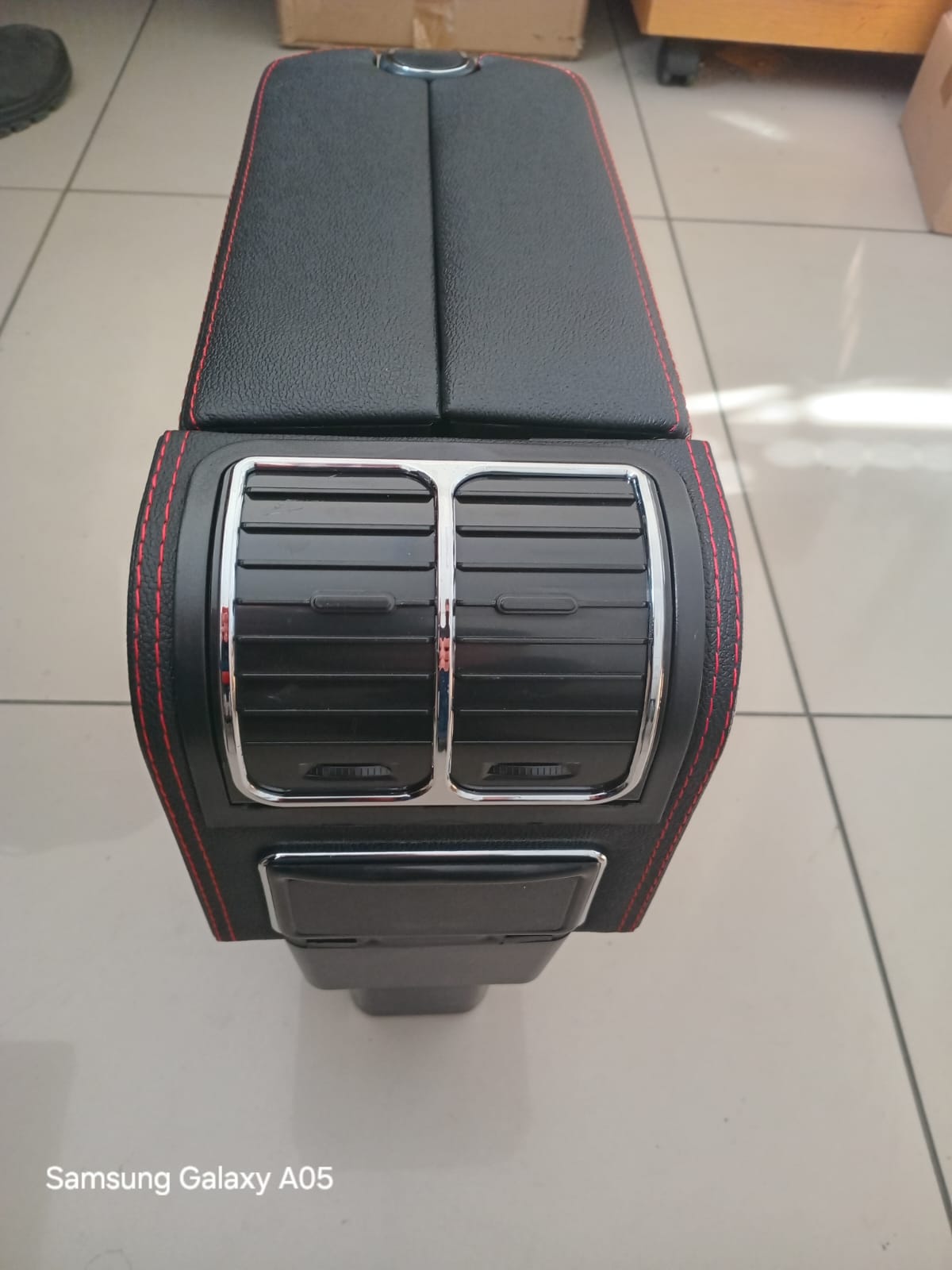 Suzuki Jimny Generation 4 2019+ Centre Console Armrest with 3 USB Adapters Black leather with red stitching