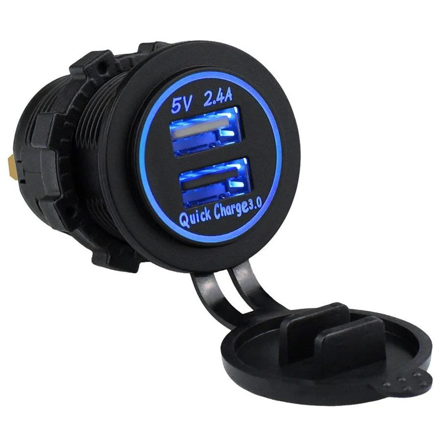 Dual 2.4A USB &amp; QC3.0 Charger Socket - Blue LED