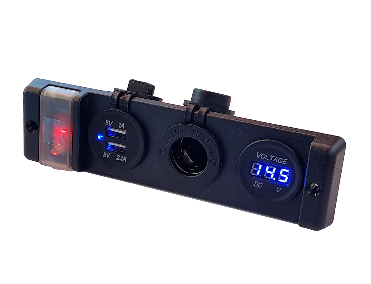 Multi Panel - 12V Power Socket, Voltmeter &amp; Dual USB Charger with ON/OFF Switch