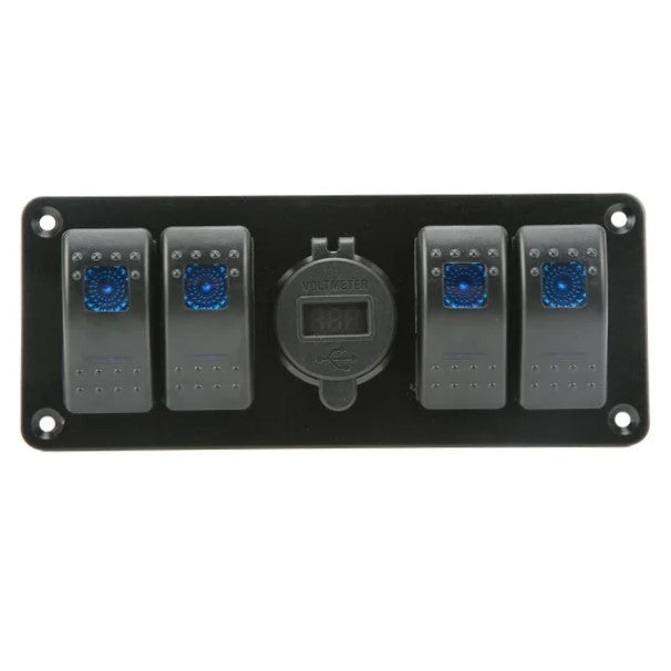 4 Gang Switch Panel with Dual USB Charger &amp; Voltmeter - Blue LED