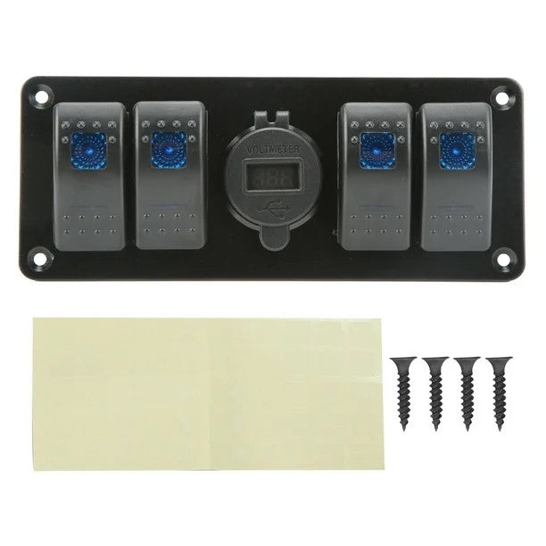 4 Gang Switch Panel with Dual USB Charger &amp; Voltmeter - Blue LED