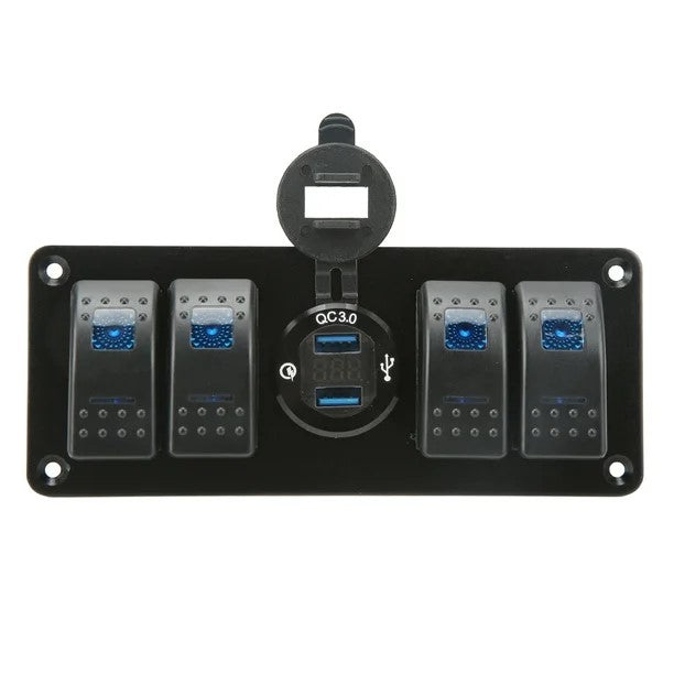 4 Gang Switch Panel with Dual USB Charger &amp; Voltmeter - Blue LED