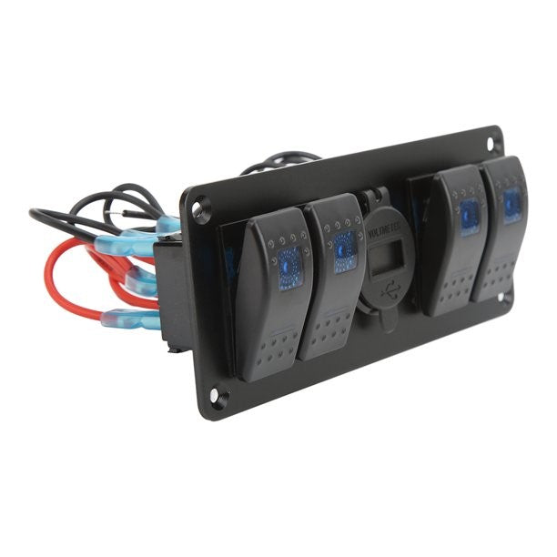 4 Gang Switch Panel with Dual USB Charger &amp; Voltmeter - Blue LED