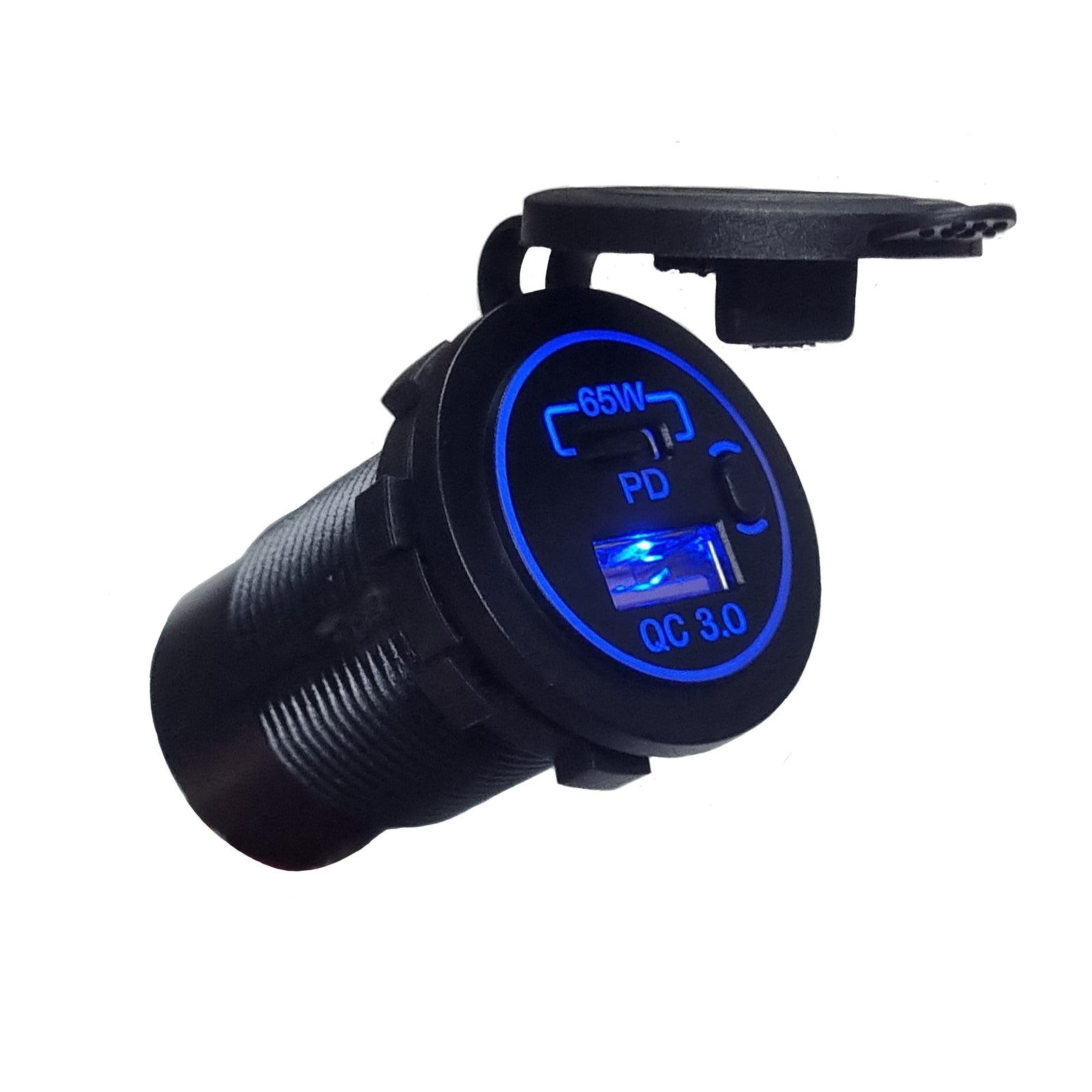 QC3.0 USB & Type C PD 65W Socket Charger with On/Off Switch - Blue LED