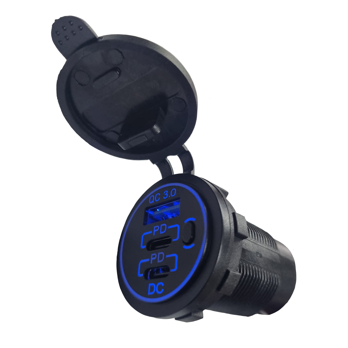 Dual Type-C + QC 3.0 USB Charger Socket with On/Off Switch - Blue LED