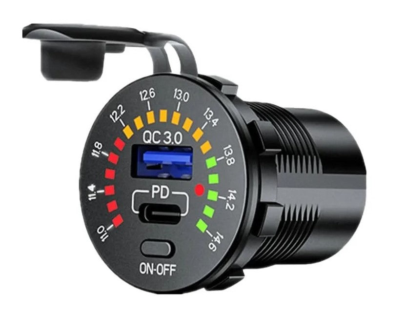 QC3.0 USB & Type-C Charger with LED Digital Voltmeter & On/Off Switch
