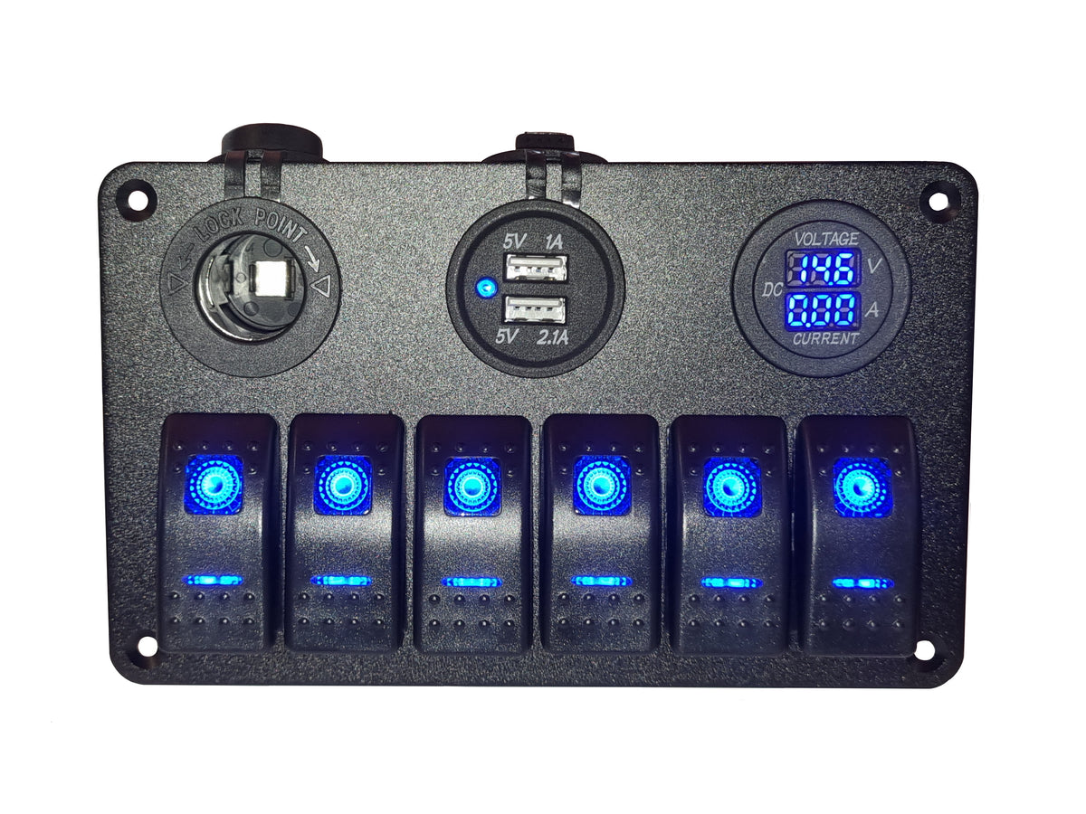 6 Gang switch panel switch panel - 12V Power Socket, Voltmeter + Ammeter &amp; 3.1A Dual USB Charger Blue LED