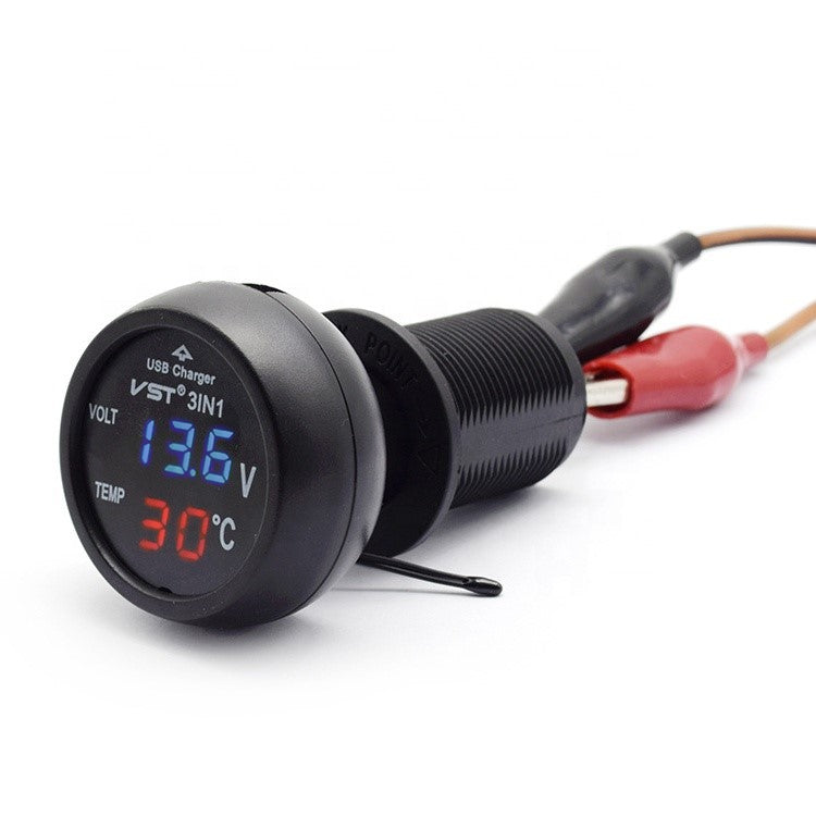 3 in 1 VST-706 Digital LED Voltmeter Thermometer USB Charger 12V/24V Cigarette Lighter