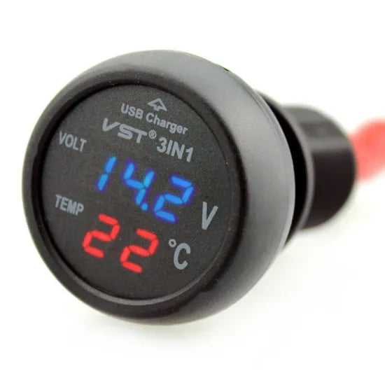 3 in 1 VST-706 Digital LED Voltmeter Thermometer USB Charger 12V/24V Cigarette Lighter