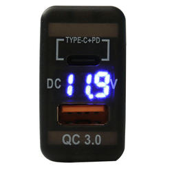 QC3 USB + Type-C Charger &amp; Voltmeter (40x20mm) Toyota Vigo - Blue LED