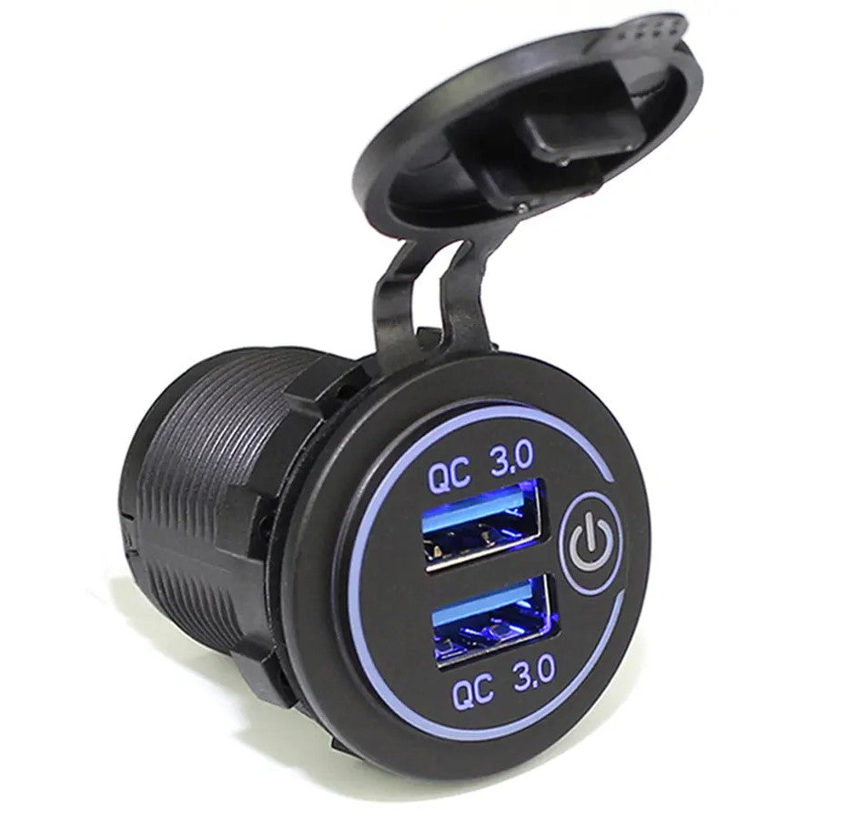 Dual QC3.0 Charger Socket On/Off Switch - Blue LED