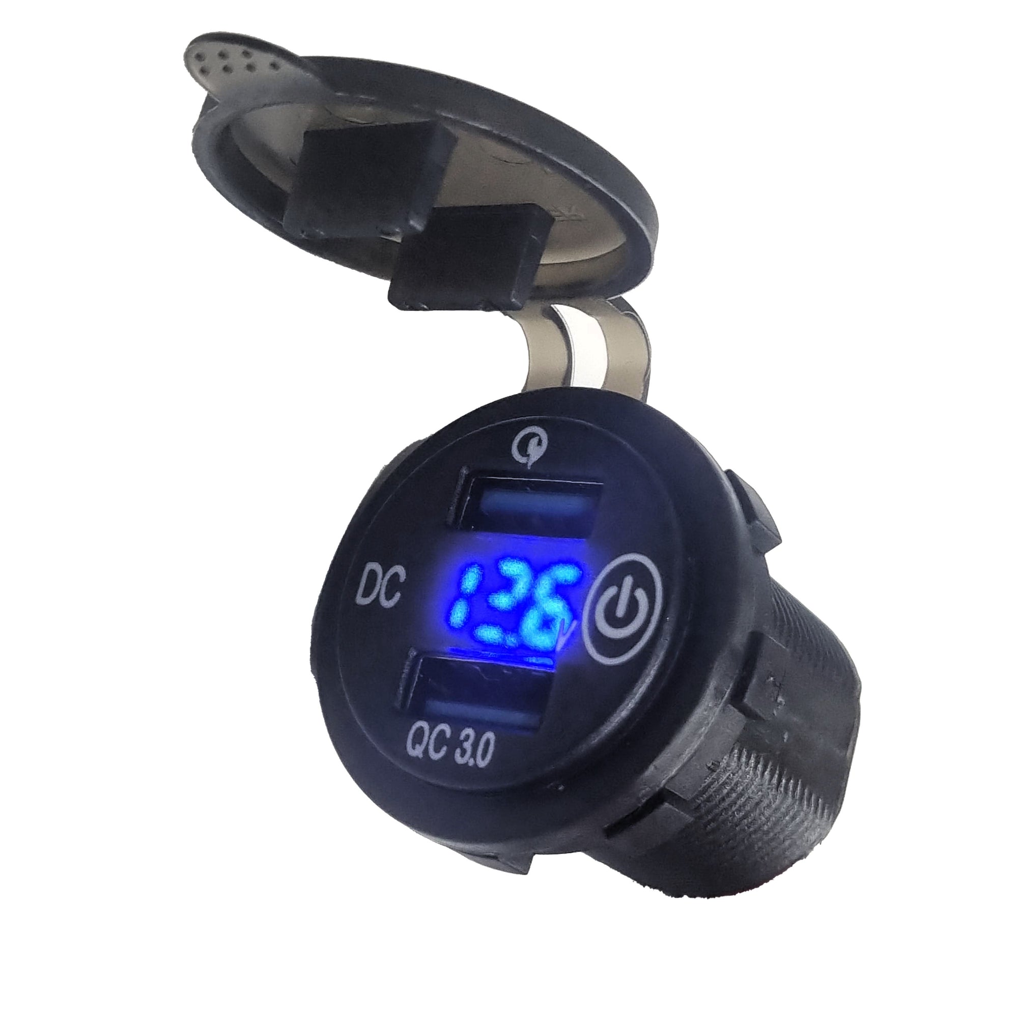 Dual USB QC3.0 Socket Charger With Voltmeter & On/Off Switch - Blue LED