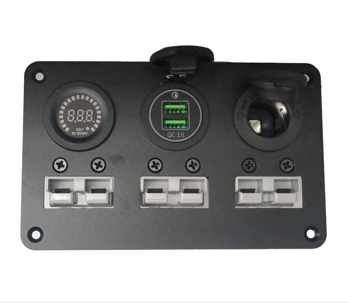 Multi Panel - Triple 50A Brad Harrison Panel with Voltmeter, Dual USB Charger &amp; 12V Power Socket