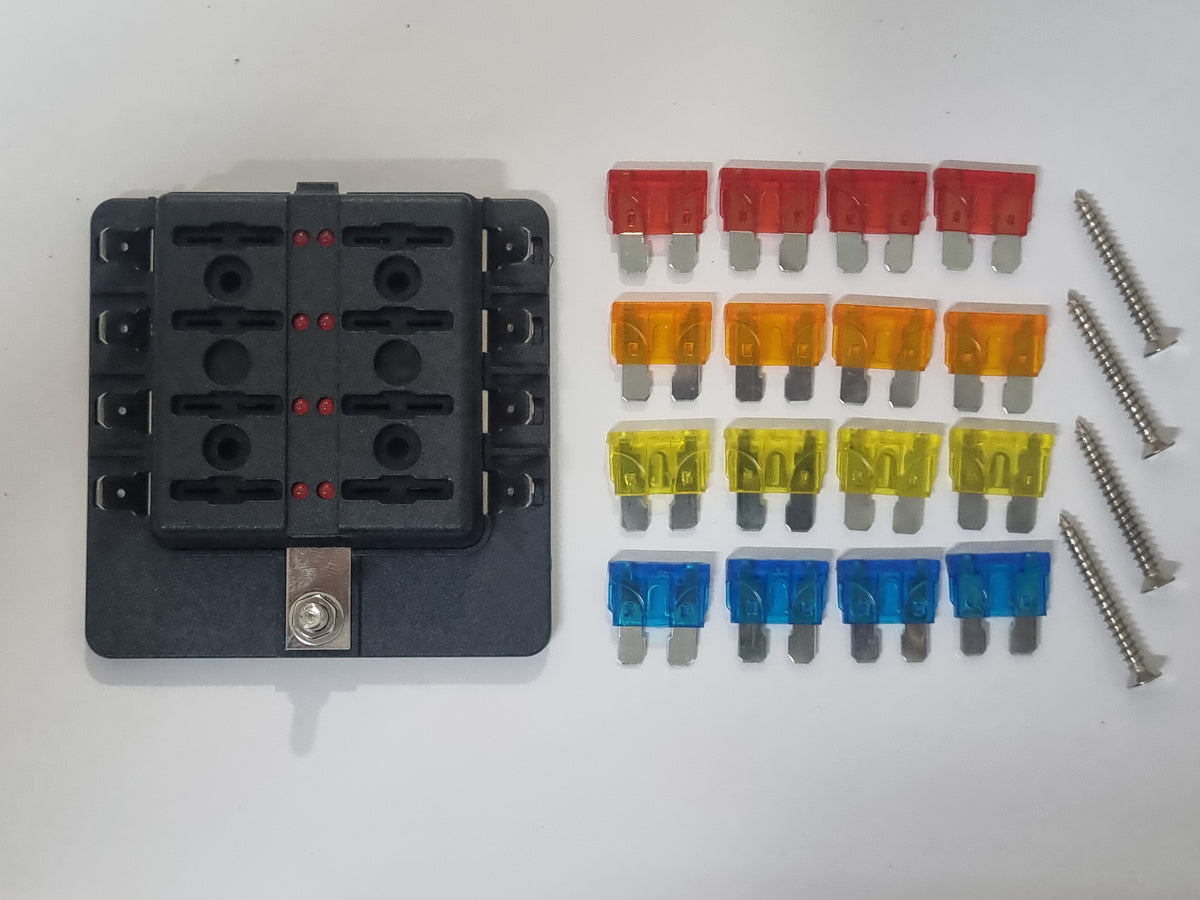 8 Way Blade Fuse Box with LED - Spade Terminal