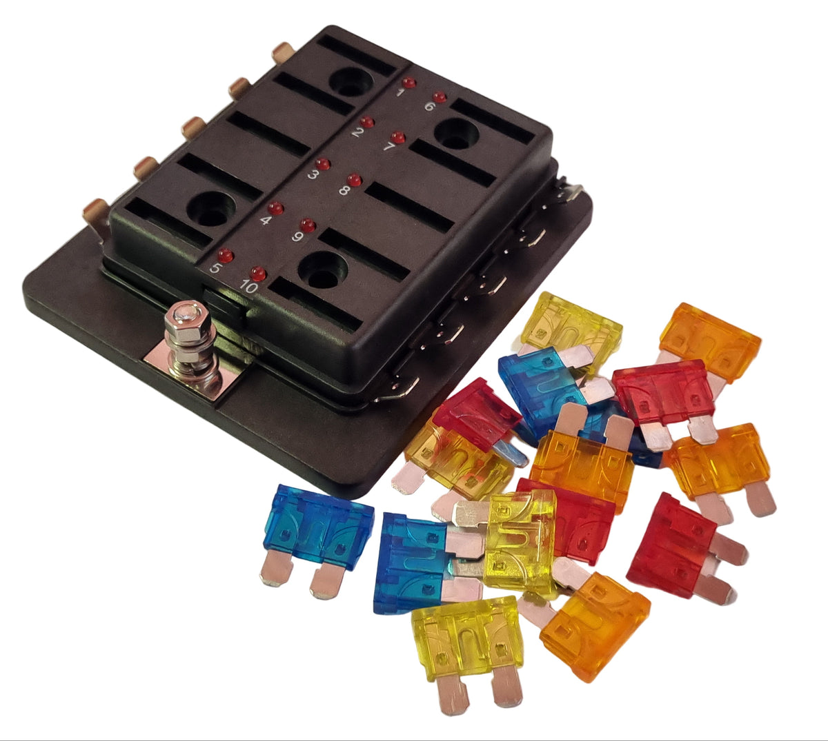 10 Way Blade Fuse Box with LED - Spade Terminal
