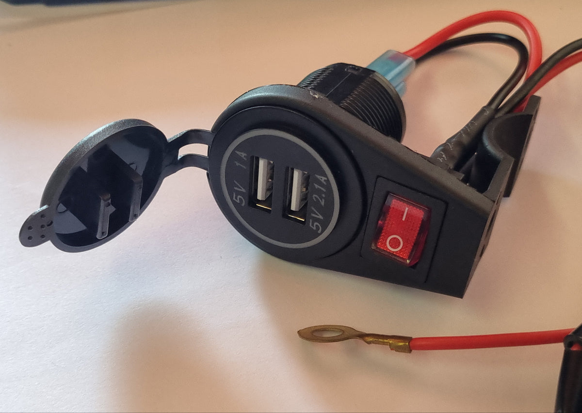 Motorcycle Handlebar Dual USB Charger with Kill Switch &amp; Wiring Harness