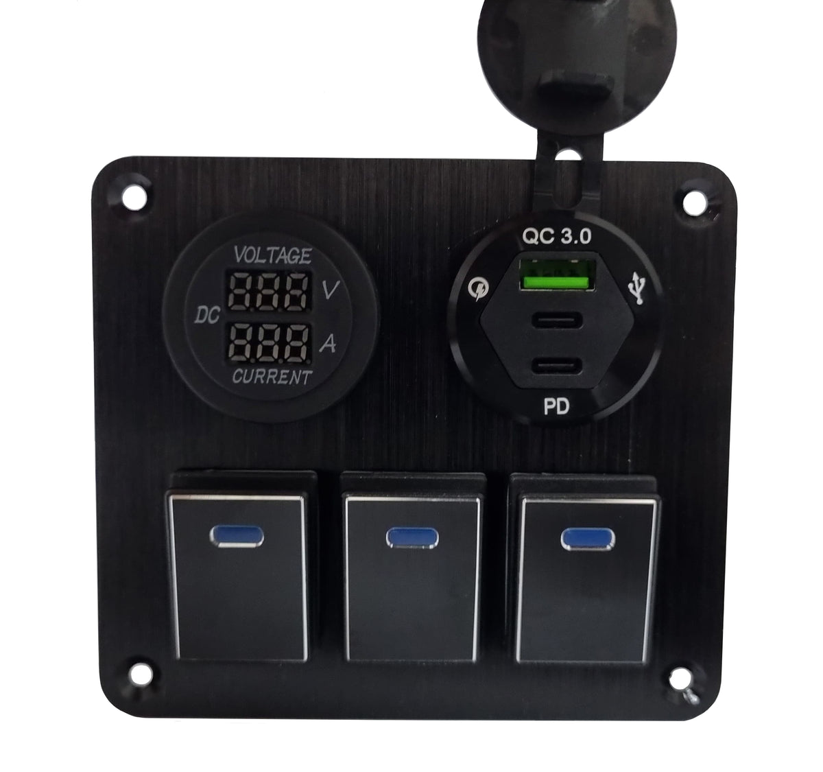 3 Gang Metal Switch Panel with Dual Type-C &amp; USB Charger and Volt/Ammeter- Blue LED