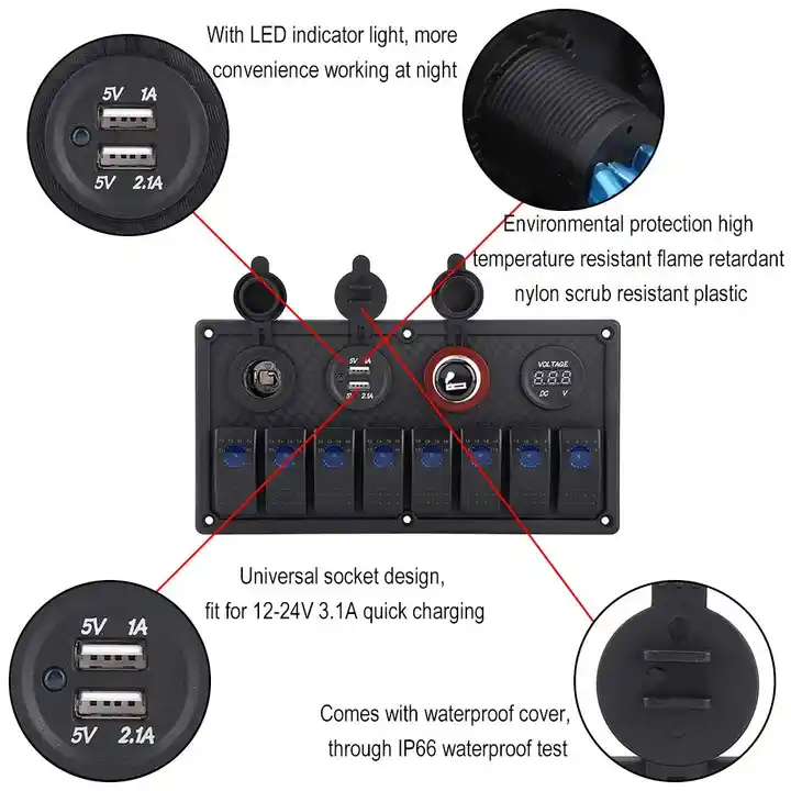 8 Gang Switch Panel With Various Sockets + Voltmeter