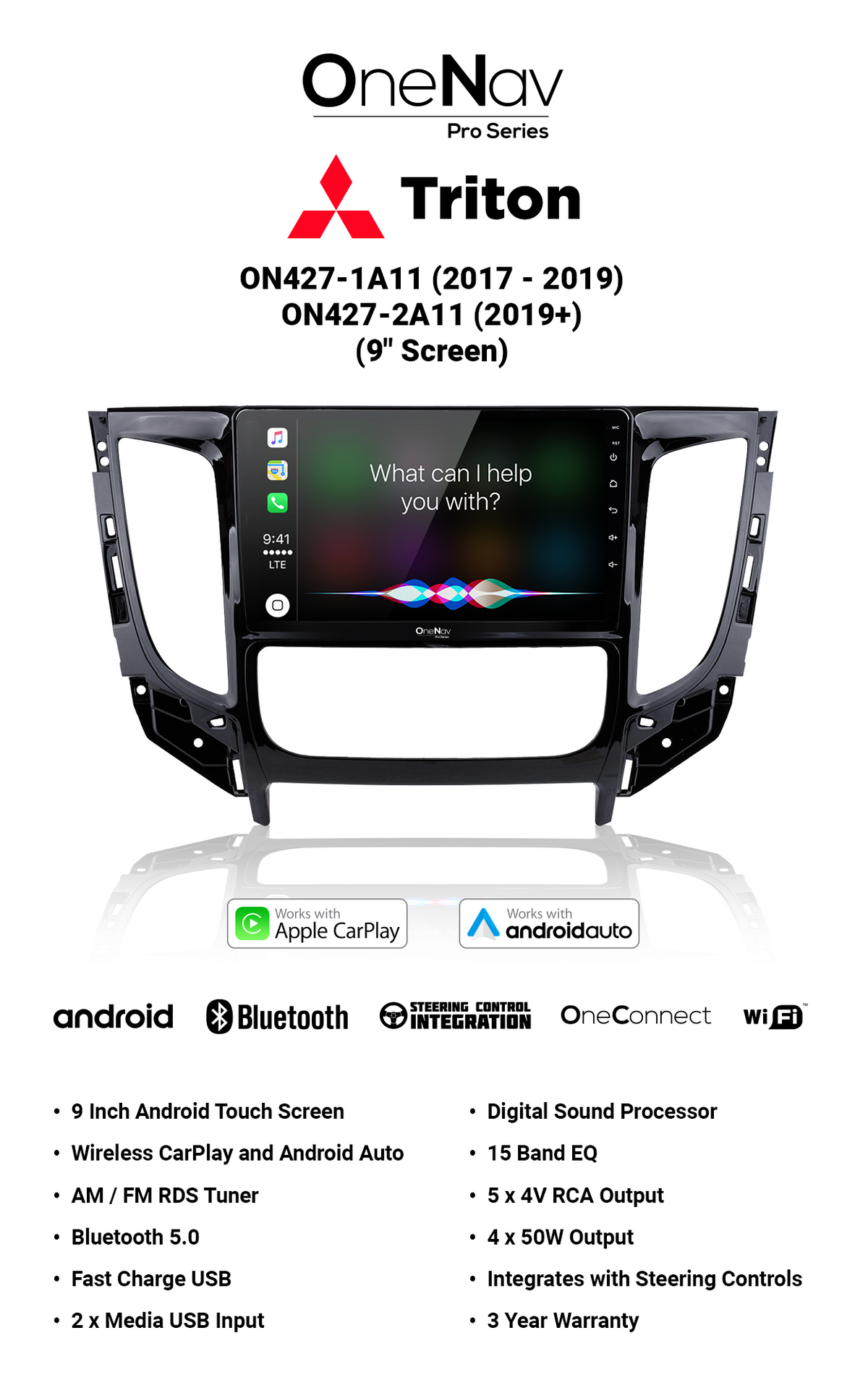 OneNav Pro for Mitsubishi Triton 9inch (2017+) + Free Reverse Camera