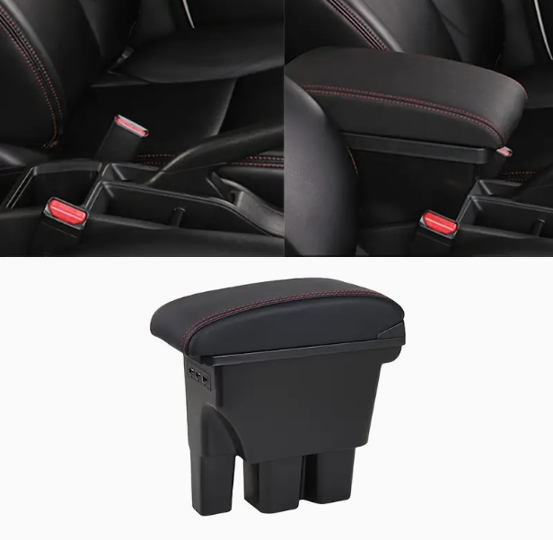 Suzuki Jimny Generation 4 2019+ Centre Console Armrest with 3 USB Adapters Black leather with red stitching