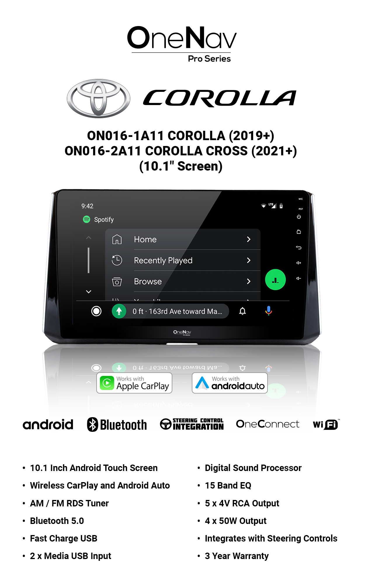 OneNav for Toyota Corolla 2019+ 10.1 Inch + Free Reverse Camera