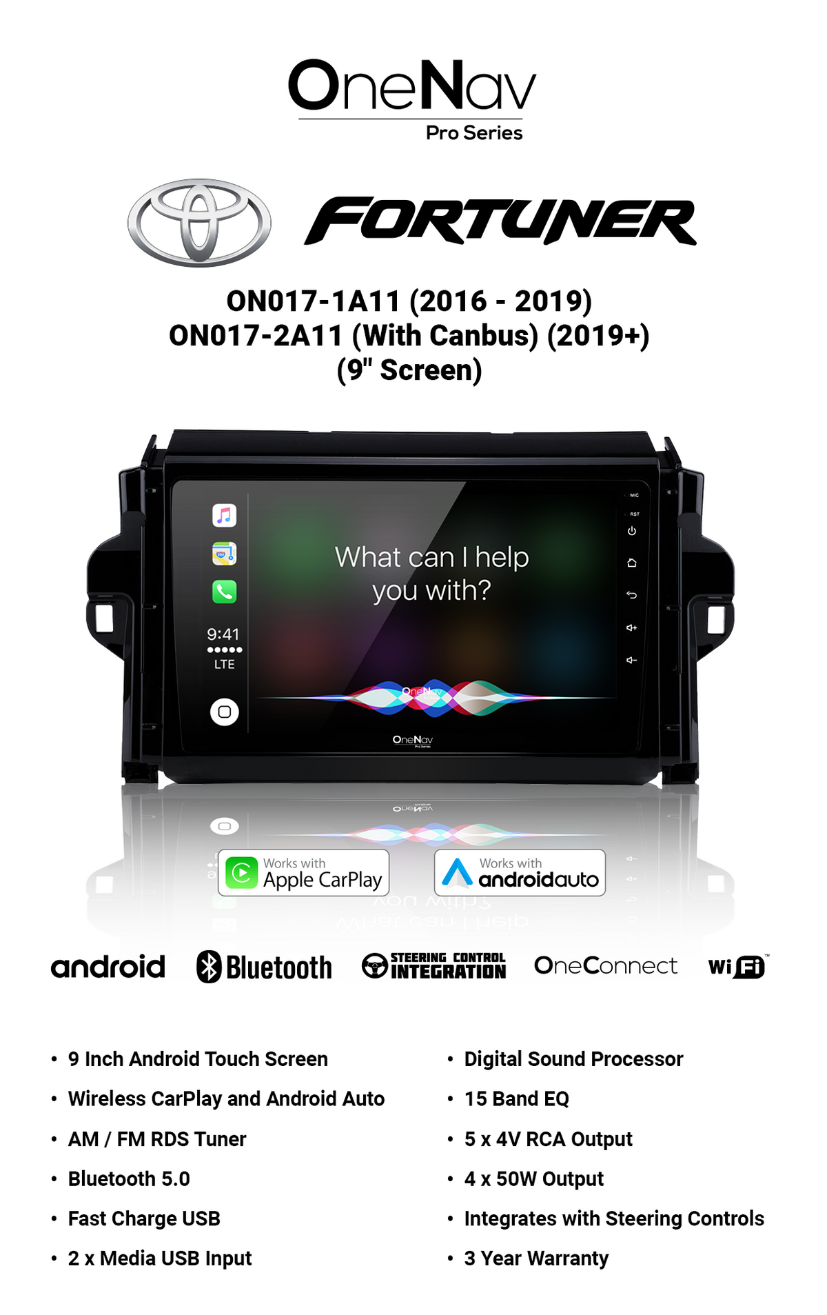 OneNav for Toyota Fortuner (2016 - 2019) (2019+) 9 Inch + Free Reverse Camera