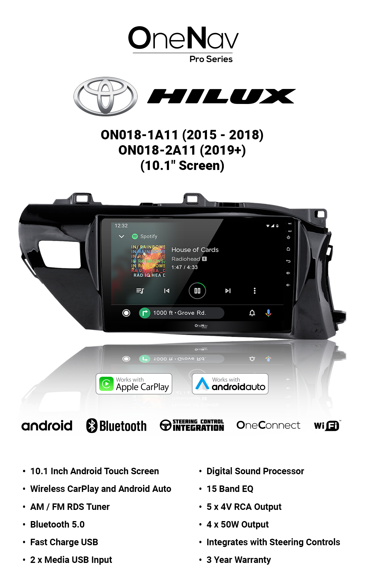 OneNav Pro for Hilux (2015-2018) 10.1 Inch + Free Reverse Camera