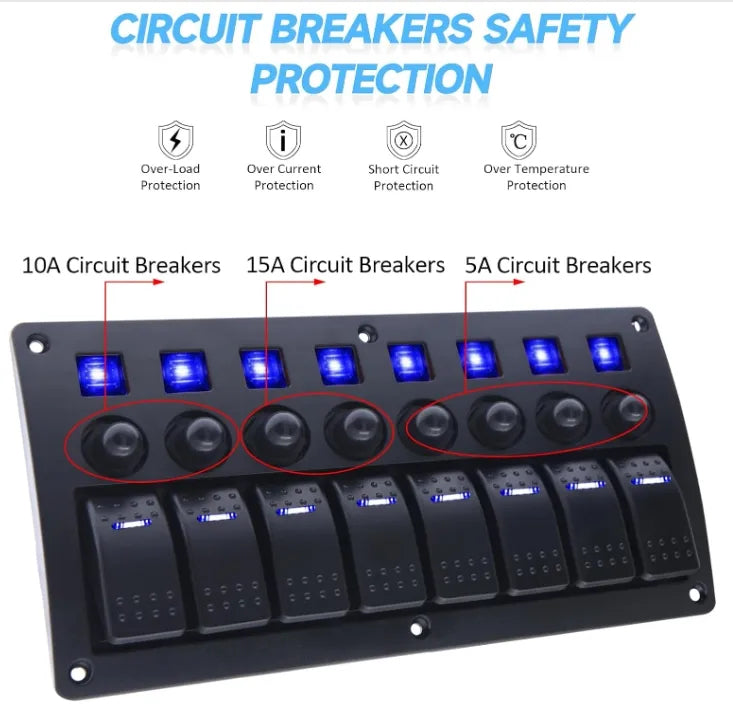 8 Gang Switch Panel with Resettable Circuit Breakers