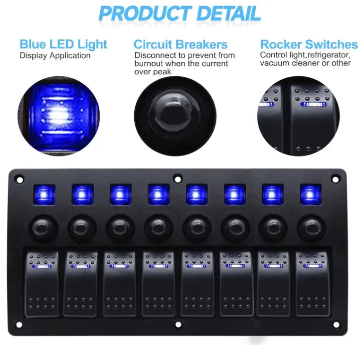 8 Gang Switch Panel with Resettable Circuit Breakers