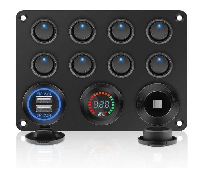 8 Mini Rocker Switch with Dual USB Charger, Voltmeter &amp; Power Socket Panel