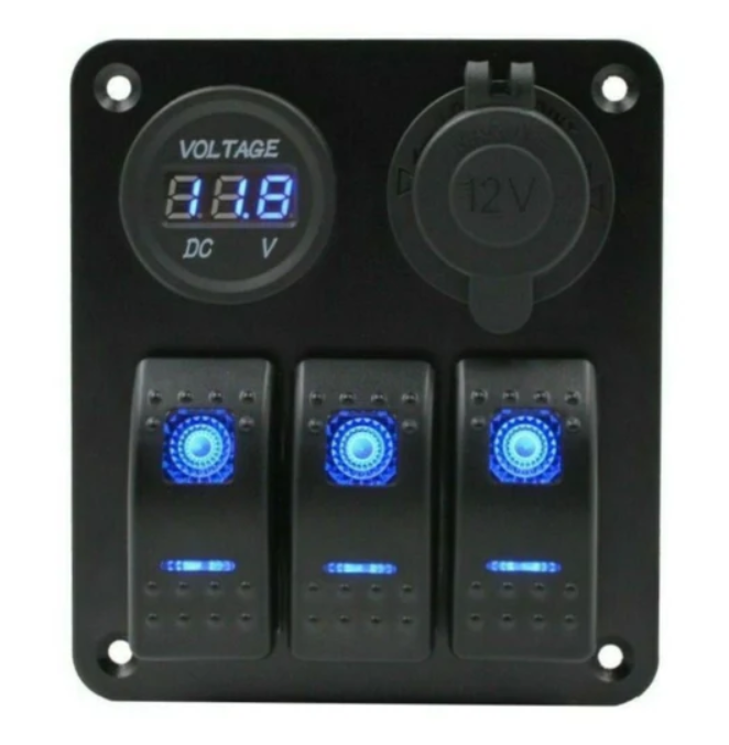 3 Gang Rocker Switch Panel + Voltmeter &amp; 3.1A Dual USB Charger - Blue LED
