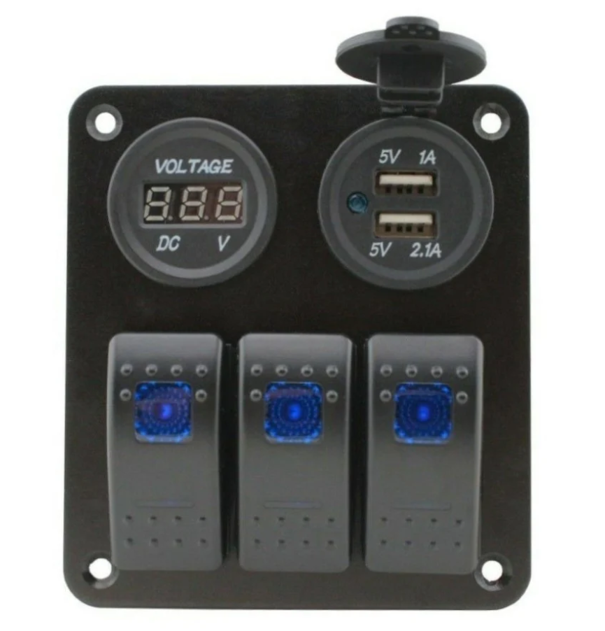 3 Gang Rocker Switch Panel + Voltmeter &amp; 3.1A Dual USB Charger - Blue LED