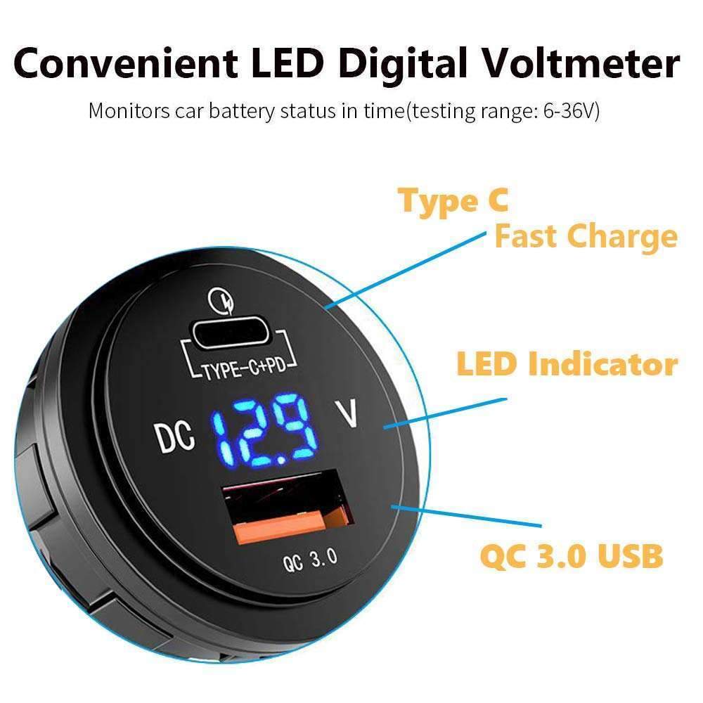 QC3 USB Charger With Volt Meter &amp; C-Type Port - Blue LED - the4x4store.co.za