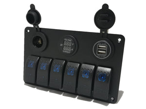 6 gang switch panel with 12V power socket voltmeter and 3.1A dual USB charger Blue LED- Customisable