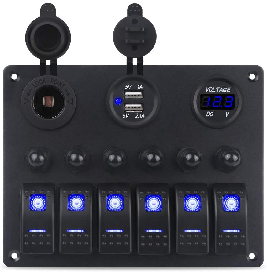 6 Gang Switch Panel With Voltmeter &amp; Chargers Circuit Breakers