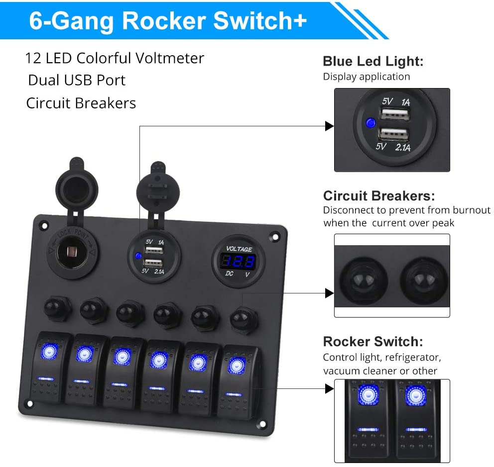 6 Gang Switch Panel With Voltmeter &amp; Chargers Circuit Breakers