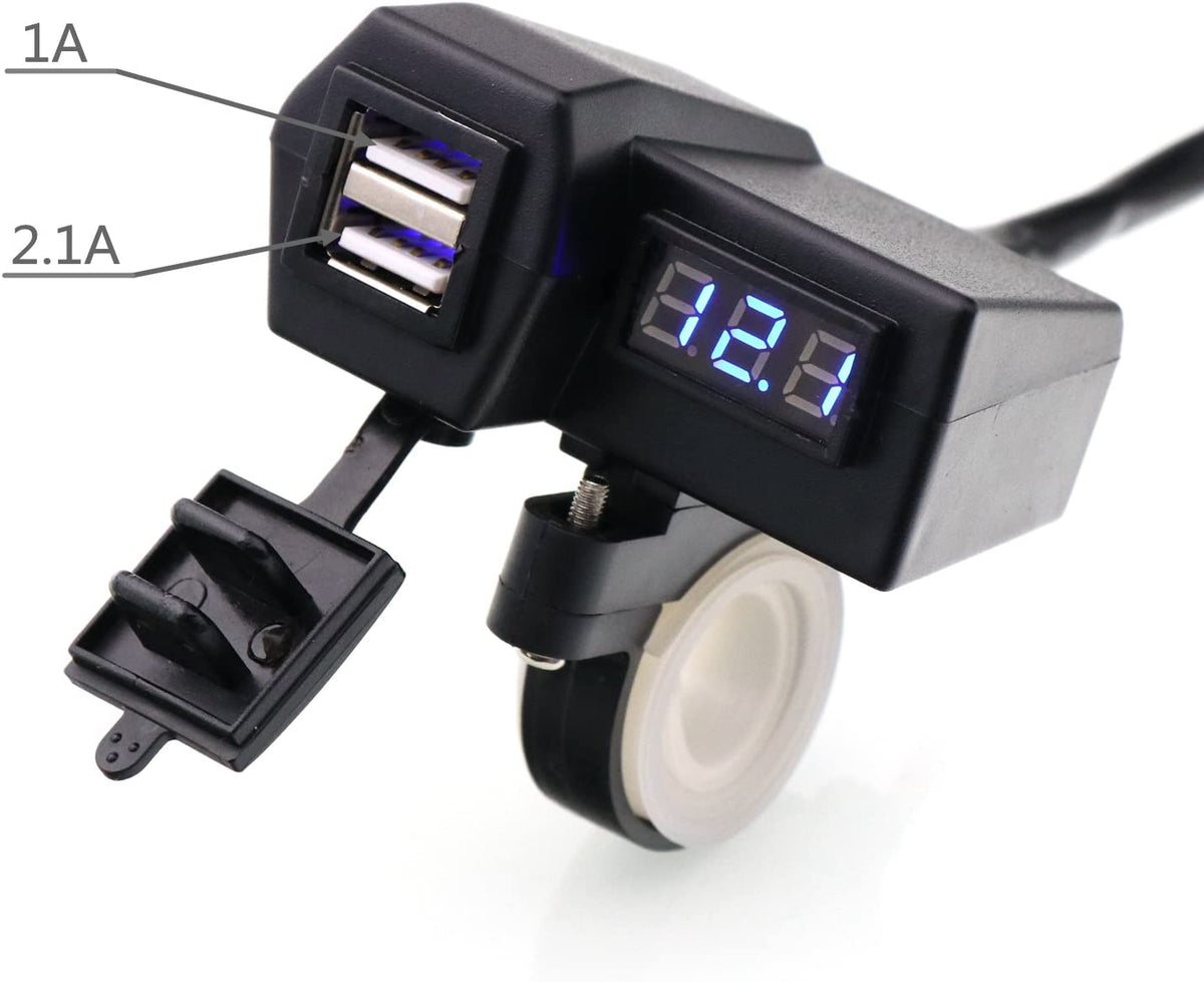 Motorcycle 3.1A USB Charger &amp; Voltmeter - Blue LED