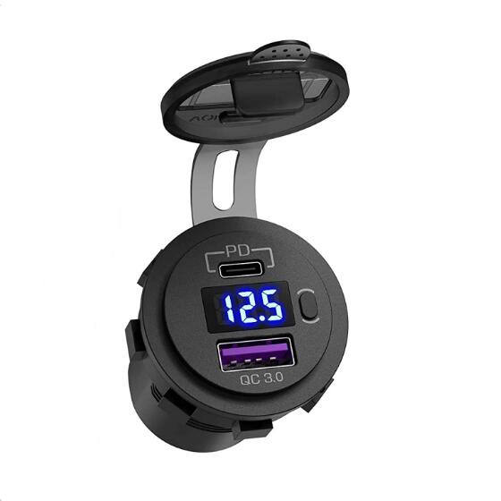Dual QC3.0 USB + PD Type-C Socket Charger with Voltmeter & On/Off Switch - Blue LED