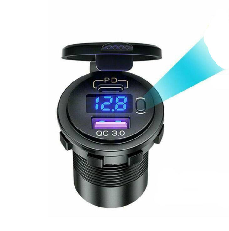 Dual QC3.0 USB + PD Type-C Socket Charger with Voltmeter &amp; On/Off Switch - Blue LED