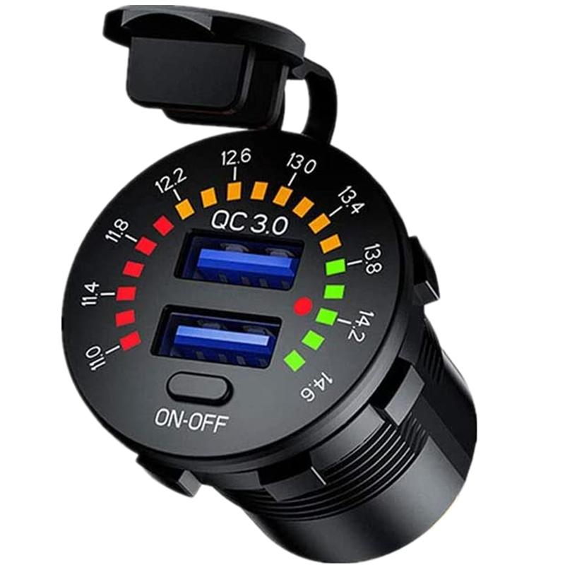 Dual Qc3.0 Usb Charger With Led Digital Voltmeter &amp; On/off Switch